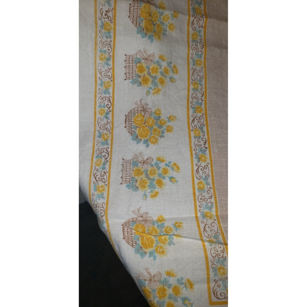 Vintage Linen Tablecloth Yellow Floral Basket Print Square 50x50 Cottagecore